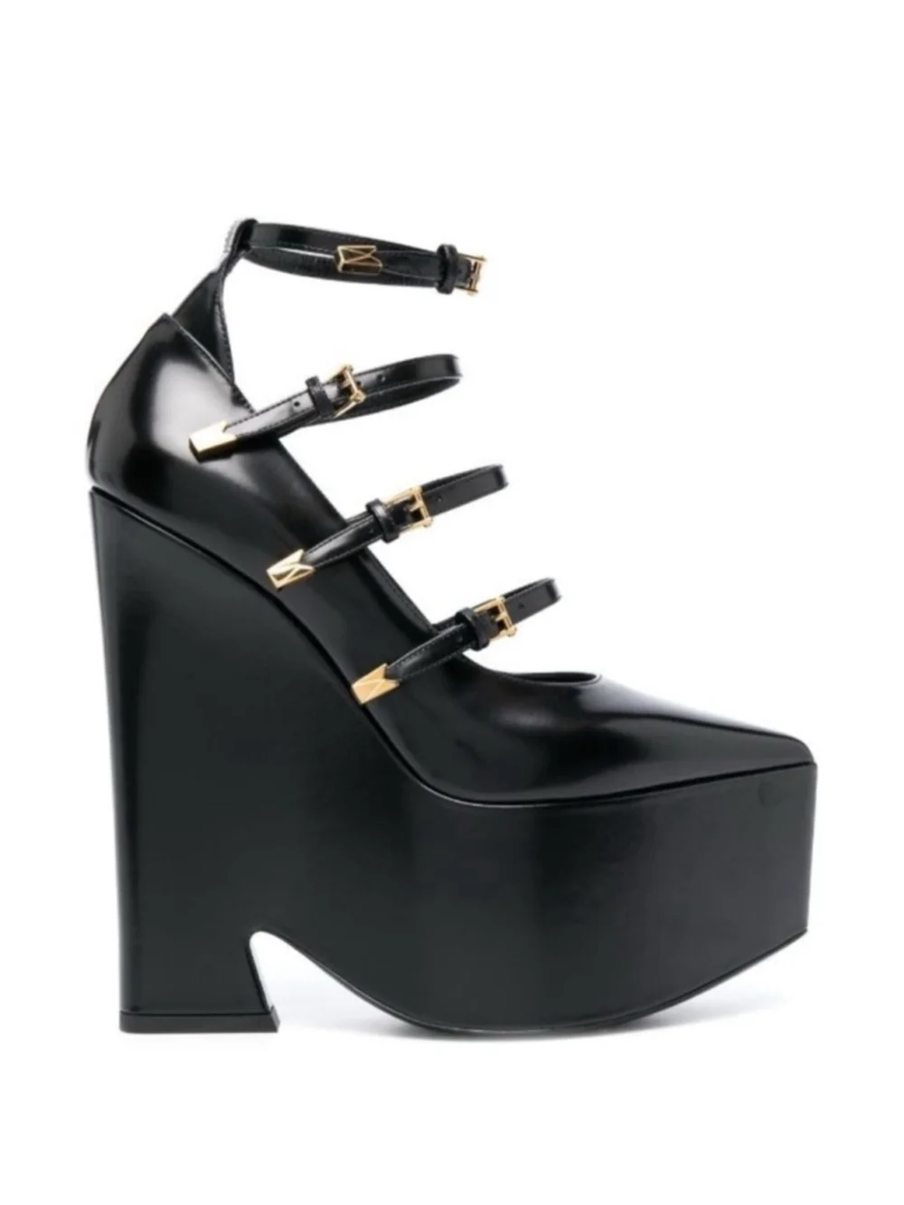 VERSACE Designer Heels Tempest Leather Platform Pumps Straps Black Size 37.5